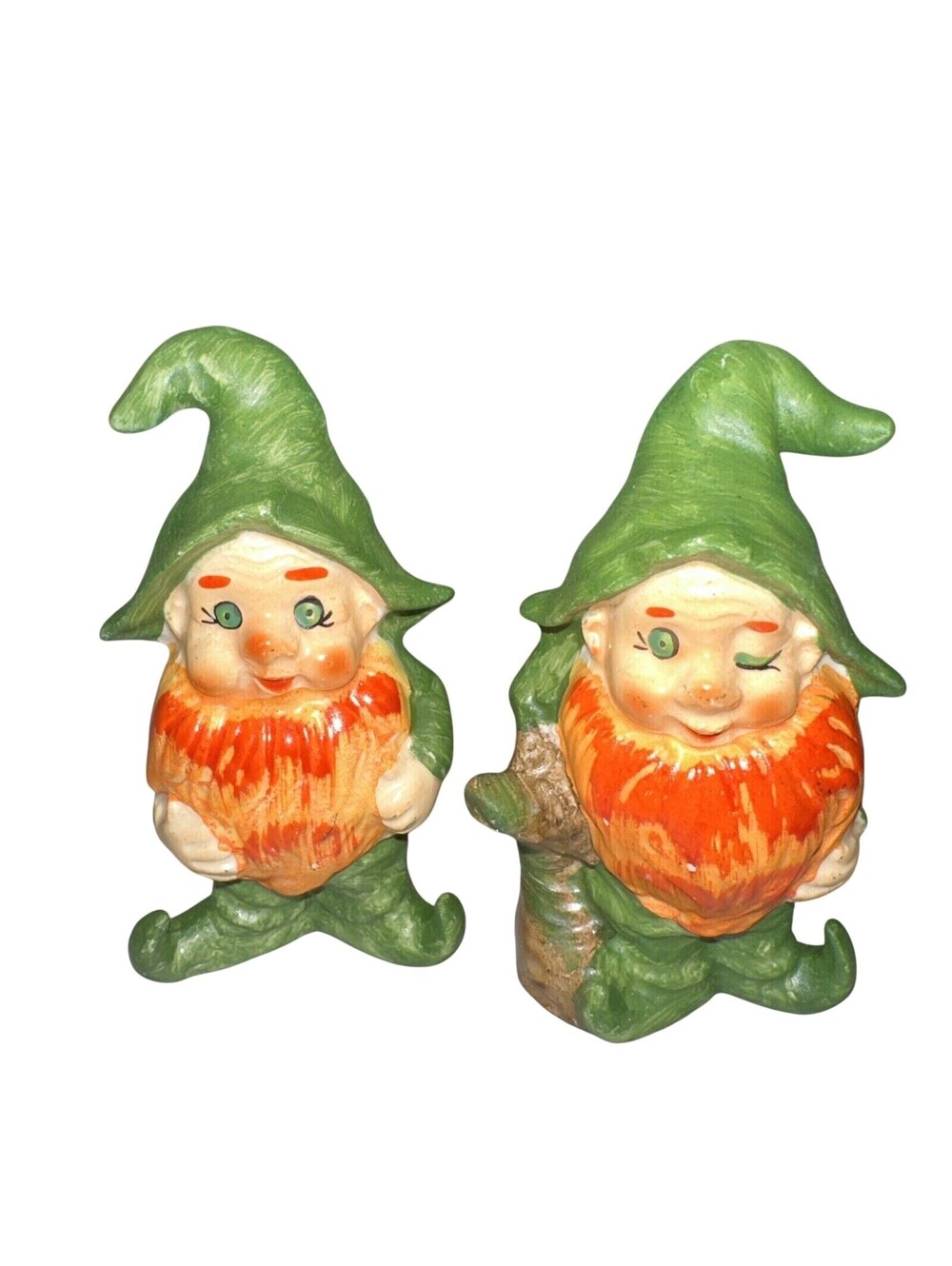 2 Vintage Garden Gnomes Salt N Pepper Shakers Set 4" Elves Pixie Made In Japan